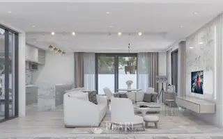 M Estate modern white house exterior with black-framed windows and a fenced yard.
