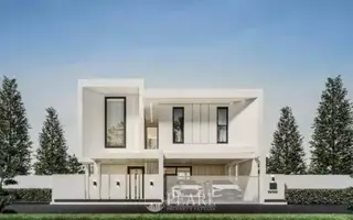 M Estate exterior patio with white walls, sliding glass doors, and a small plant.