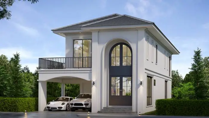 Ahch Bangsaray modern two-story white house with arched entrance, balcony, and two cars parked in the covered carport.