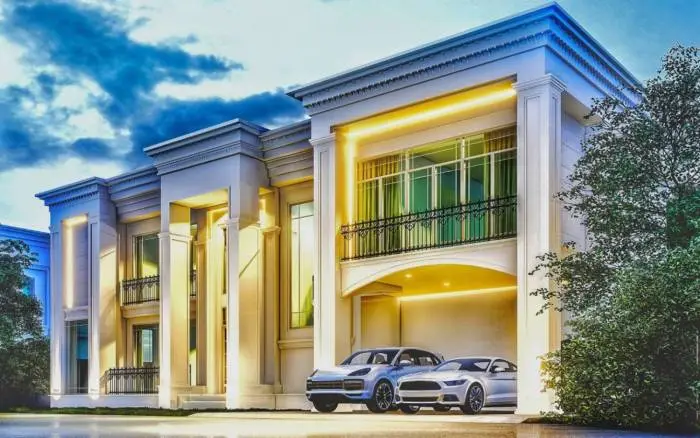 Eden Pool Villa, modern luxury house exterior with illuminated facade, balcony, and two cars parked in the integrated garage.