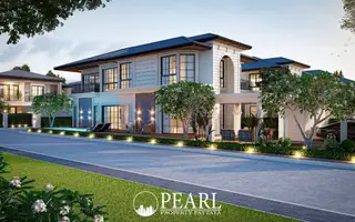 Rungsii Village modern two-story house exterior with private pool, lounge chairs, and manicured landscaping at dusk.