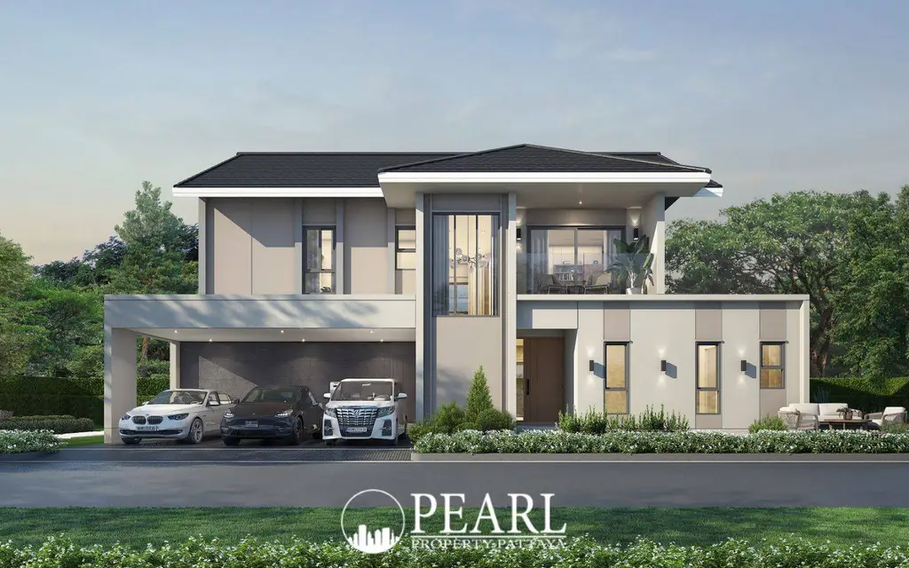 The Lavish modern two-story house with a covered carport, second-floor balcony, and manicured landscaping.