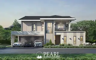 The Lavish modern two-story house with a covered carport, second-floor balcony, and manicured landscaping.