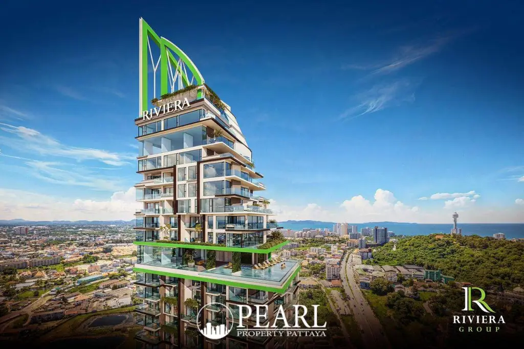 Riviera California modern high-rise condo building with green accents, balconies, and a pool, overlooking Pattaya city and ocean.