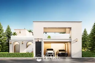 Villa Trivana contemporary house exterior with a gabled roof, intricate facade, and two cars in the garage.