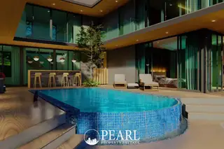 Horseshoe Point outdoor area with a small pool, bar, lounge chairs, and bedroom access.