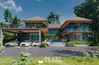 Horseshoe Point wide view of the modern condo exterior with multiple cars in covered parking.