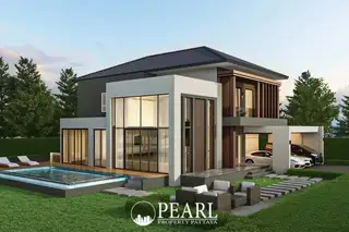 Horseshoe Point modern condo exterior with a rectangular pool, outdoor seating, and carport.