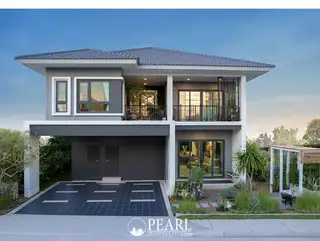 Supalai Parkville Pattaya-Sukhumvit modern two-story house exterior with gray and white facade and attached carport.