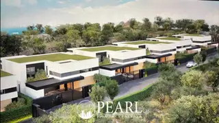 Manruetra Pura Pattaya aerial view of modern houses with green roofs and lush landscaping, overlooking the sea.
