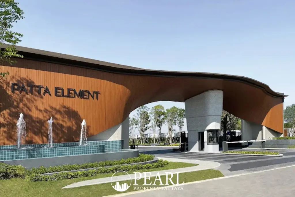 Patta Element grand entrance gate with "Patta Element" sign, water features, and security booth.