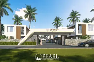 Lavender Villa main entrance gate with modern architecture, palm trees, and stone walls under a blue sky.