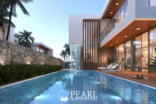 Lavender Villa modern house exterior with private swimming pool, waterfall feature, and wooden deck.