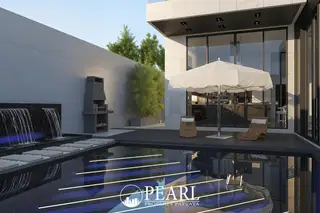 Bamboo Luxury Villa exterior with a large garage, black car, and contemporary architectural design.