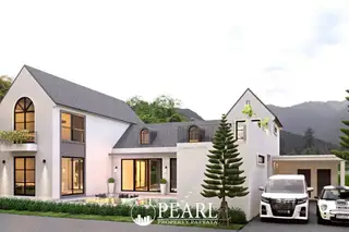Castle Hill modern house with black and orange accents, lush trees, and blue sky.