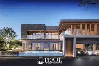 The Arowanyx modern house exterior with a swimming pool, integrated garage, and two cars.