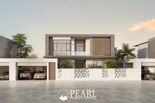 Tree Villa street view of a modern house with a light facade, large windows, and a multi-car garage.