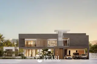 Tree Villa street view of a contemporary house with a dark stone facade and multiple luxury cars parked.