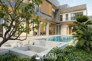 Tree Villa exterior with private pool, sunken lounge area, lush landscaping, and large windows.