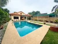 3 Bedroom House for Rent in Pong rectangular swimming pool with poolside deck and bamboo fencing