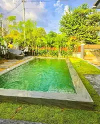 4 Bedroom House for Rent in Mabprachan rectangular swimming pool with lounge daybed and lush landscaping
