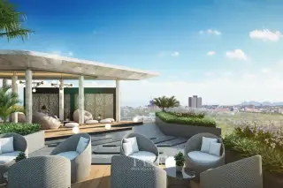 Pristine Park 3 rooftop terrace with lounge seating, covered area, and panoramic city views.