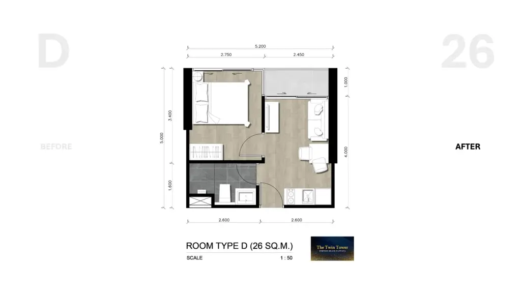 1 Bedroom Condo for Sale at The Twin Tower Jomtien Beach Pattaya balcony with high-rise city and sea views under blue sky