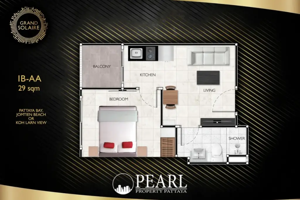 1 Bedroom Condo for Sale at Grand Solaire Pattaya: Living area with dining table, sofa, TV, and modern kitchen.