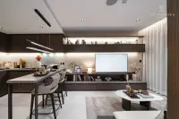 1 Bedroom Condo for Sale at Panora Estuaria: Kitchen dining bar with place settings, leading to a vanity area.
