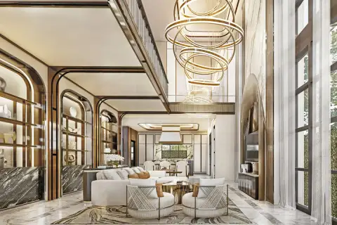 4 Bedroom House for Sale at Arcade Autograph grand double-height living room with gold ring chandelier and marble floors
