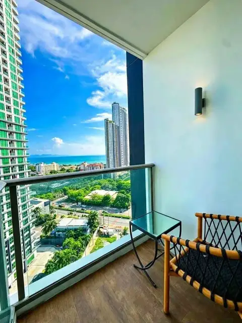 1 Bedroom Condo for Rent at Riviera Ocean Drive balcony with panoramic sea and city skyline view