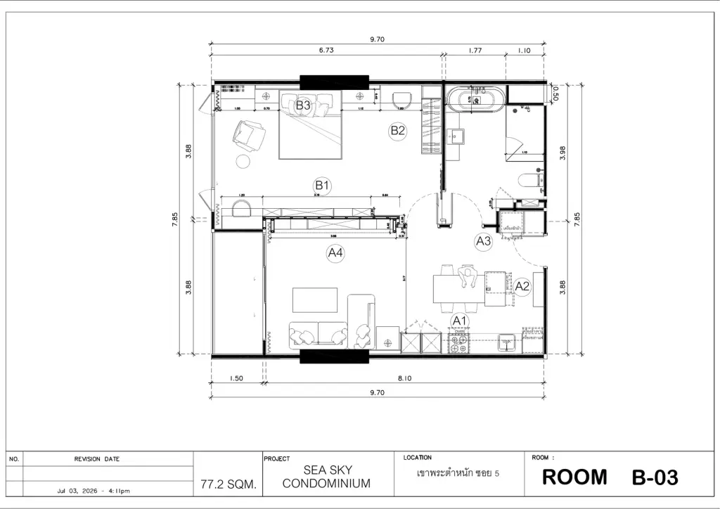 2 Bedroom Condo for Sale at Sea Sky By Sand spacious living room with electric fireplace, large sofa, and open-plan dining area