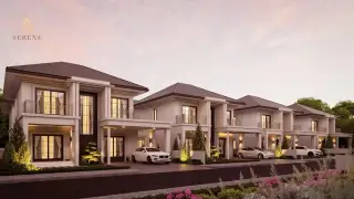 Serene Home: Row of modern white houses with dark roofs and cars in driveways at dusk.
