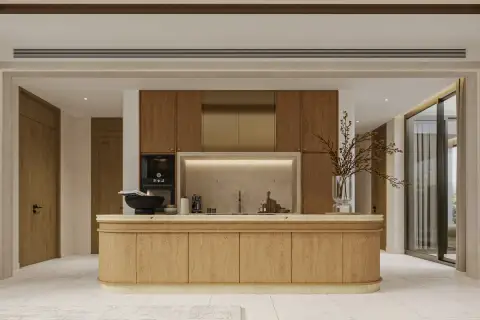 4 Bedroom House for Sale at Solava Pattaya modern kitchen with large curved wood island, stone backsplash, and built-in appliances