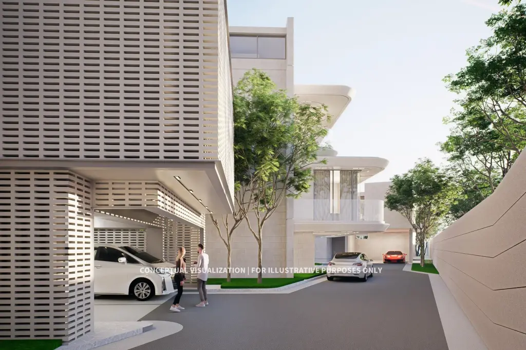 3 Bedroom House for Sale at Soondri Wongamat perforated facade entrance with covered parking and driveway