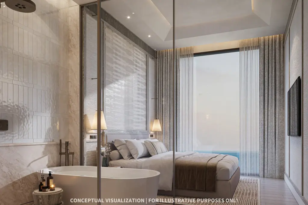 2 Bedroom Condo for Sale at Soondri Wongamat living room with floor-to-ceiling windows overlooking the sea