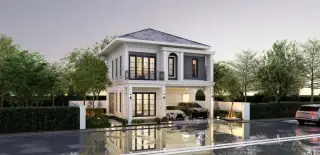 Spring Town Pool Villa Pattaya exterior view of two modern houses with gray and white facades under a blue sky.