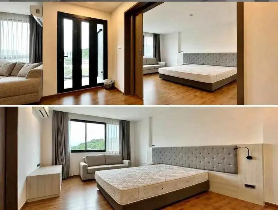 2 Bedroom Condo for Rent at Stasia Dormy Residence collage showing living room, balcony door, and bedroom with king bed
