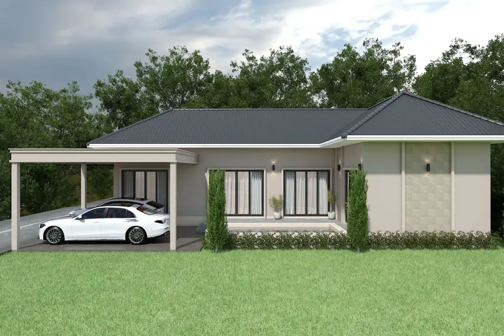3 Bedroom House for Sale at Living 19 At Santisuk front exterior with covered carport and white sedan on green lawn