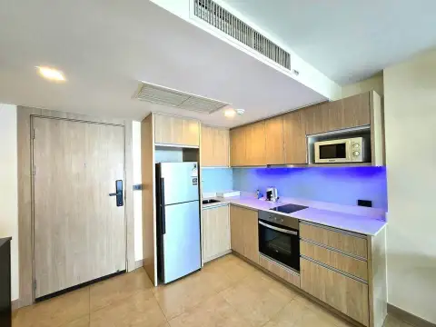1 Bedroom Condo for Sale at The Cliff modern kitchen with blue LED backsplash, oven and fridge