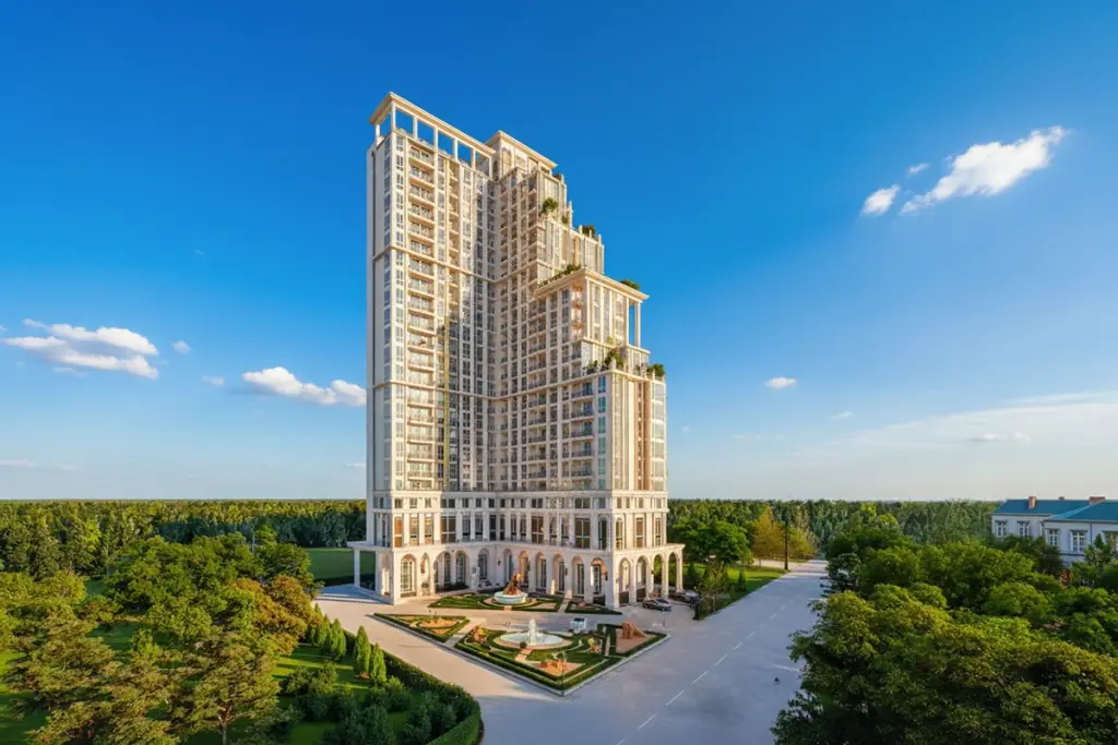 The Empire Tower Pattaya, a luxury high-rise condominium building illuminated at dusk with a grand entrance and lush greenery.