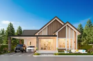 The Flow Pong - Mabprachan modern house exterior with gabled roof, carport with two cars, and outdoor lounge area.