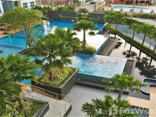 The Trust Condo South Pattaya aerial view of swimming pool and jacuzzi surrounded by palm trees and reflecting pond