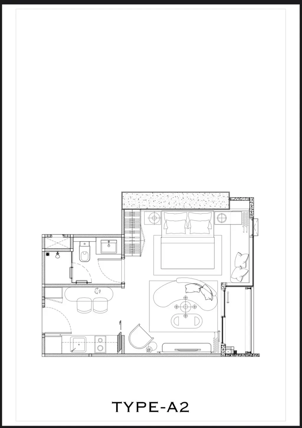 1 Bedroom Condo for Sale at Arom Jomtien open-plan living room with curved sofa, TV unit, and designer chandelier
