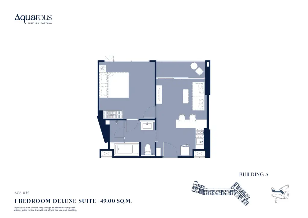 1 Bedroom Condo for Sale at Aquarous Jomtien Pattaya living room with beige sofa, orange cushions and sheer curtains