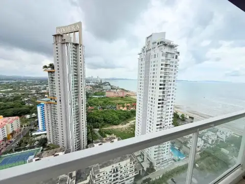 1 Bedroom Condo for Rent at Veranda Residence Pattaya balcony view of Riviera towers, coastline and ocean