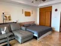 Studio Condo for Sale at View Talay 5D sleeping area with grey bed, sofa, and built-in wooden closet