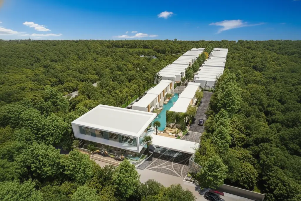 Villa La Richie: Aerial view of modern villas with white roofs, surrounded by lush green trees, featuring a long central pool.
