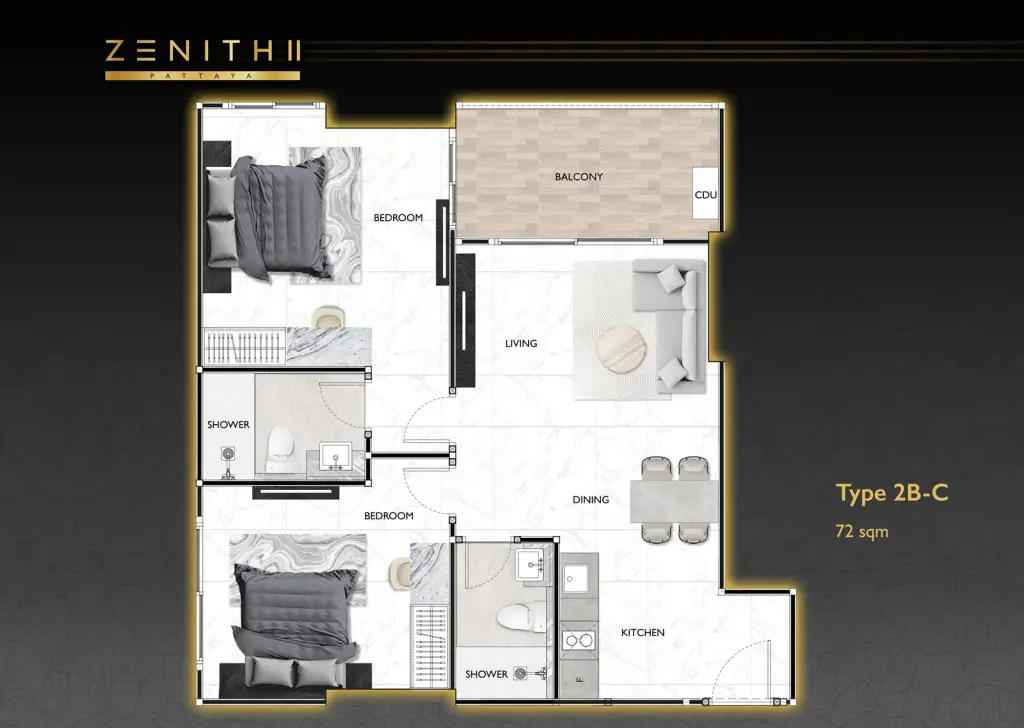 2 Bedroom Condo for Sale at Zenith 2 living room with sectional sofa, shag rug and balcony pool view