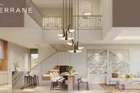 4 Bedroom House for Sale at Patta Terrane double-height open-plan living and dining area with pendant lights and wine cabinet
